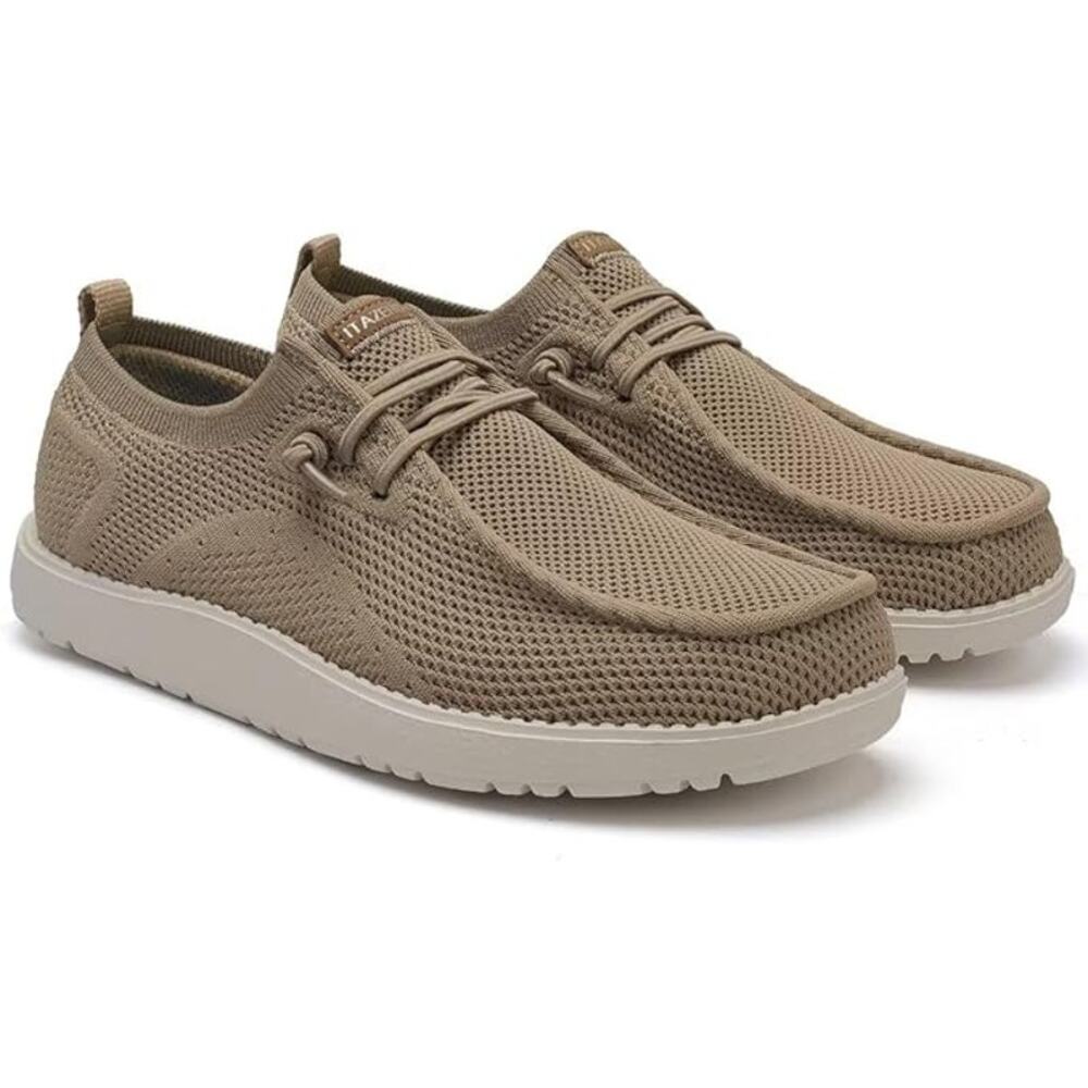Itazero Womens 12W Wide Tan Canvas Mesh Slip On Arch Support Loafer Shoes